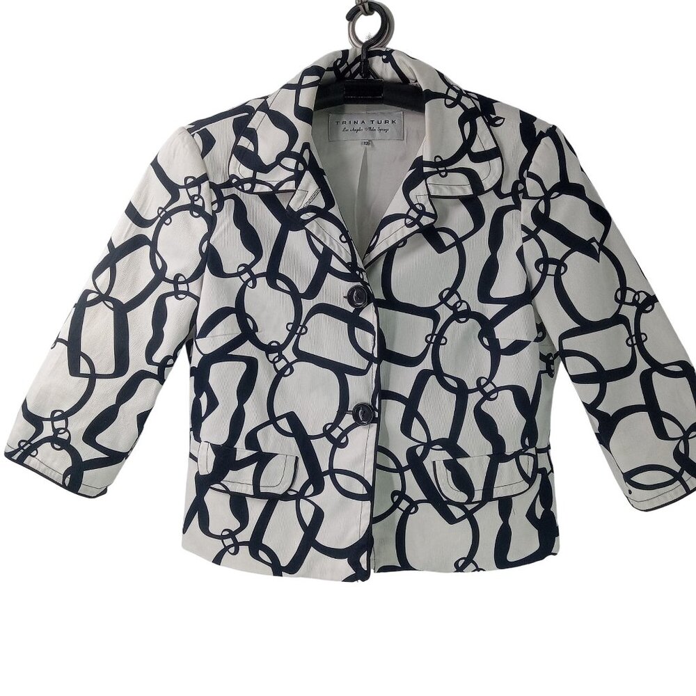 Trina Turk Cropped Chain Print Blazer 12 Boxy 3/4 Sleeve White Black Big Button